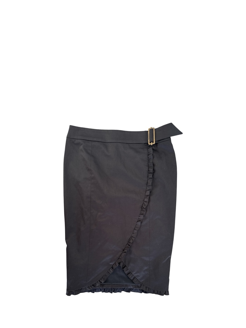 Iceberg Black Ruffle-Trim Wrap Pencil Skirt with Buckle